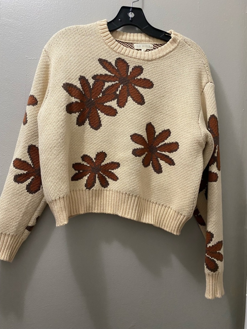 La Hearts Cream Sweater with Brown Floral Motif